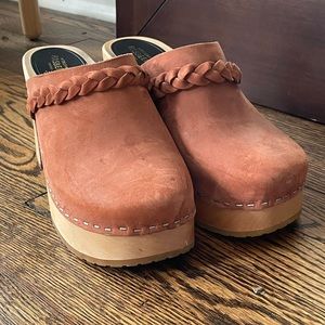 Rust suede platform clogs (Swedish Hasbeens)